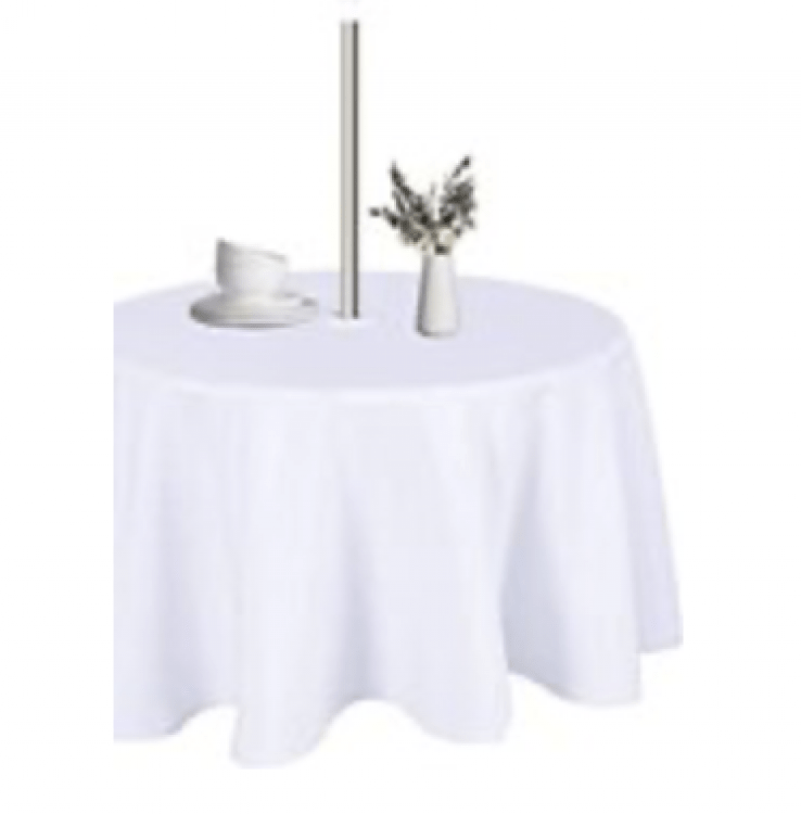White Polyester W/ UMBRELLA HOLE 120in Round Tablecloth (Fit